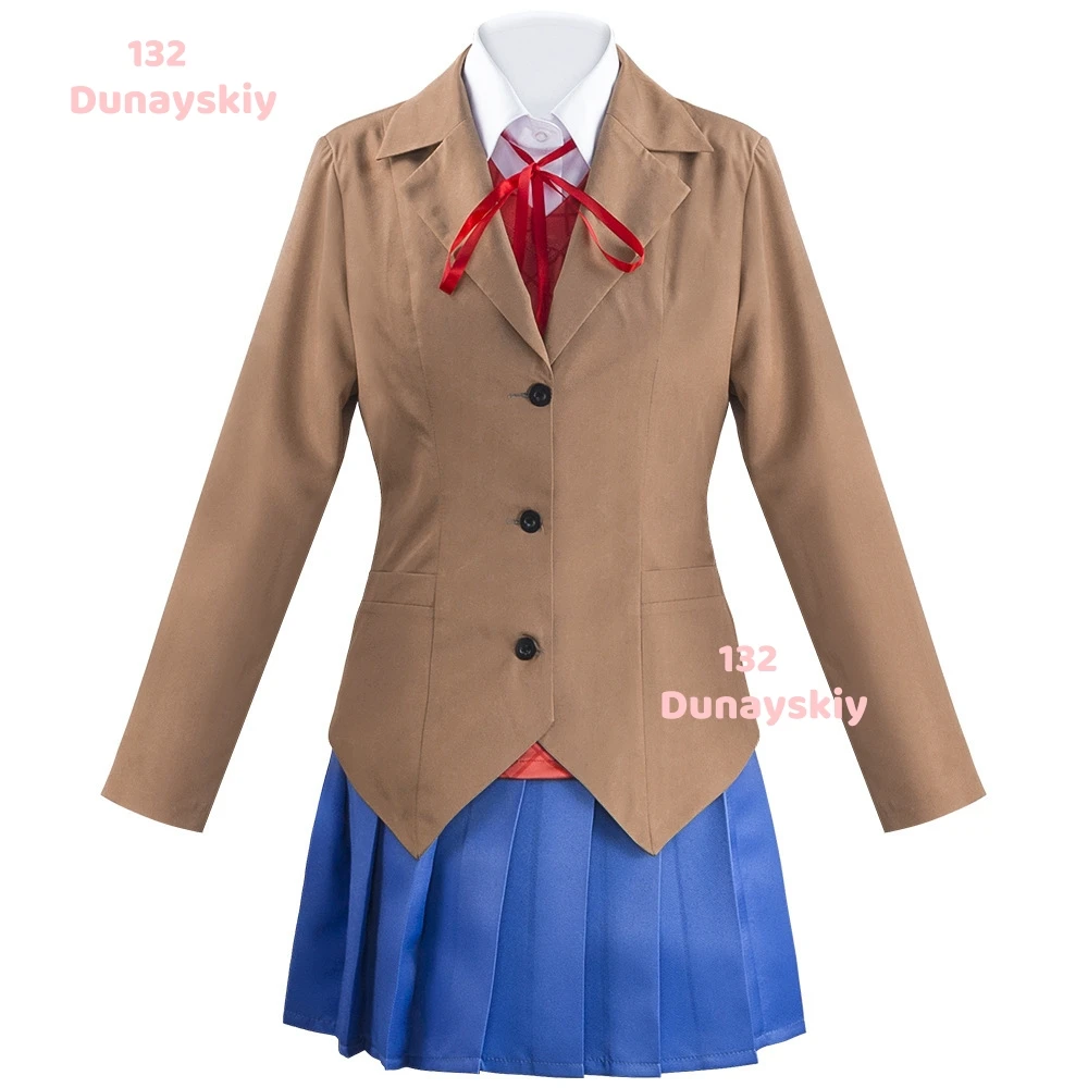 Stylish DDLC Women's Brown School Uniform Cosplay Costume Set with Wig And Shoes Complete Halloween Accessory Skirt Suit view 2