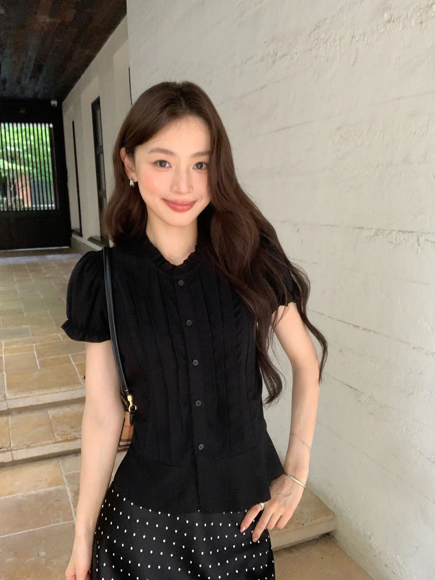 Pusumede Monet Garden Women's Shirt Elegant Short Sleeve Bubble Sleeve Casual Style Rylee Fabric Wooden  Trim Top