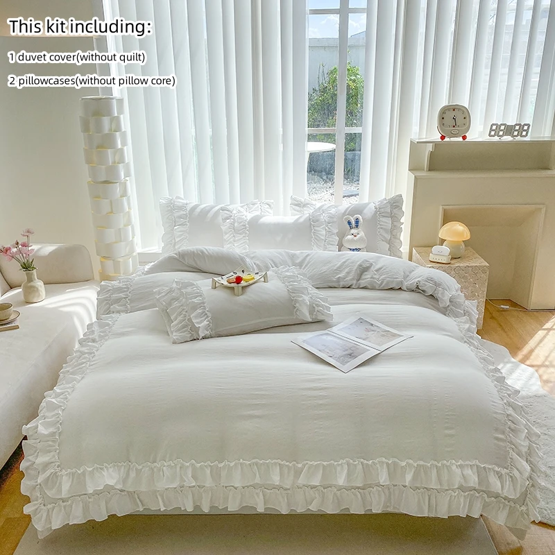 

3pcs white pink ruffles Duvet cover set (1*Duvet Cover + 2*Pillowcase, Without Core), cute Bedding Set, Soft Comfortable