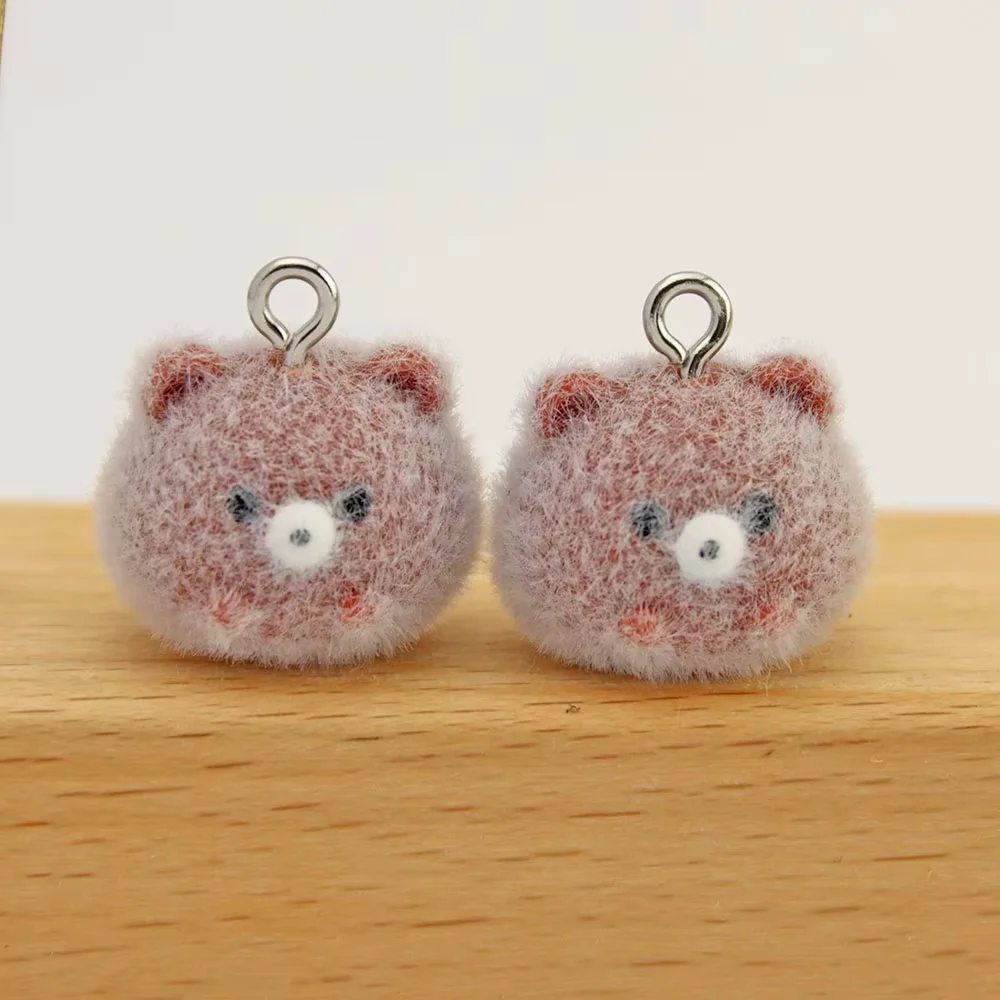 20Pcs 3D Flocking Cute Bear Resin Charms Plush Cartoon Animal Pendant For Earrings Phone Bags Keychains Diy Jewelry Make