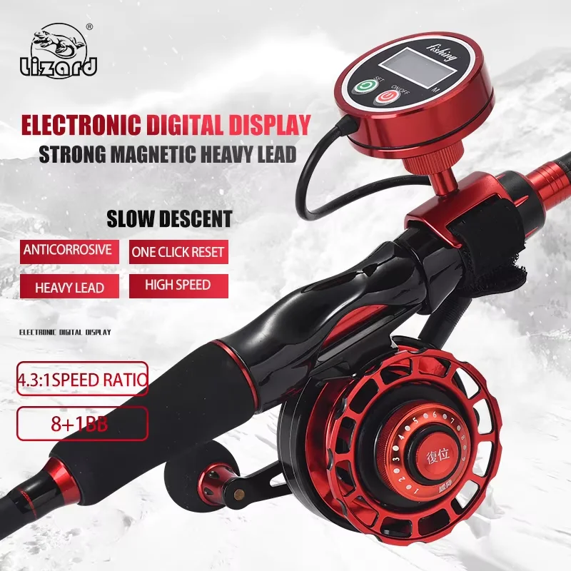 Lizard digital display raft fishing reel has Aluminum alloy body metal hollow spool and magnetic brake system