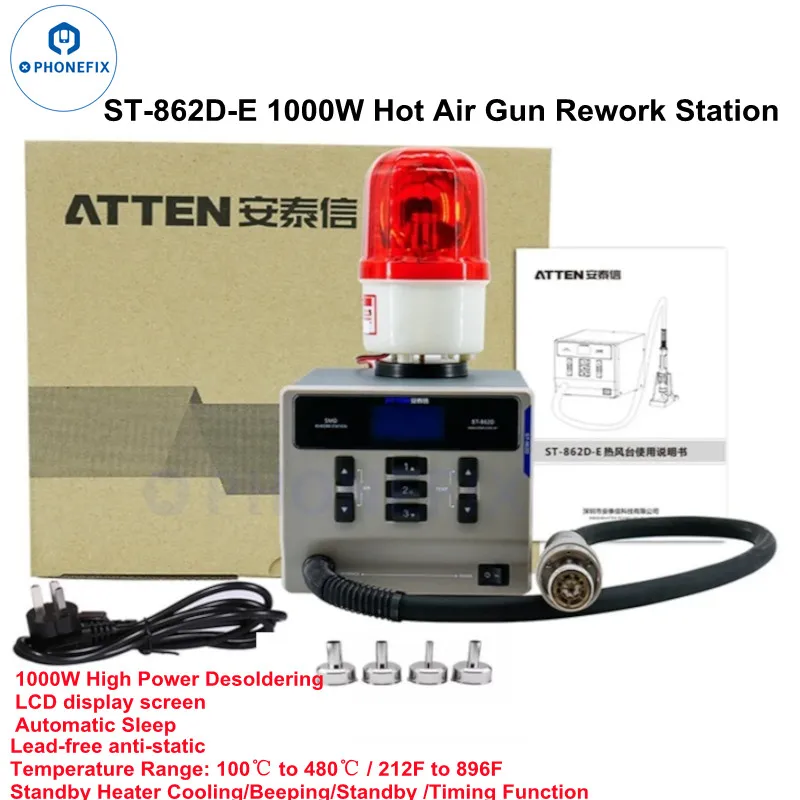 ATTEN ST-862D-E Estación de Reparación de Pantalla Digital de Pistola de Aire Caliente con Temporización de Lámpara de Advertencia Sueño Automático para Chips PCB Reparación Desoldadora