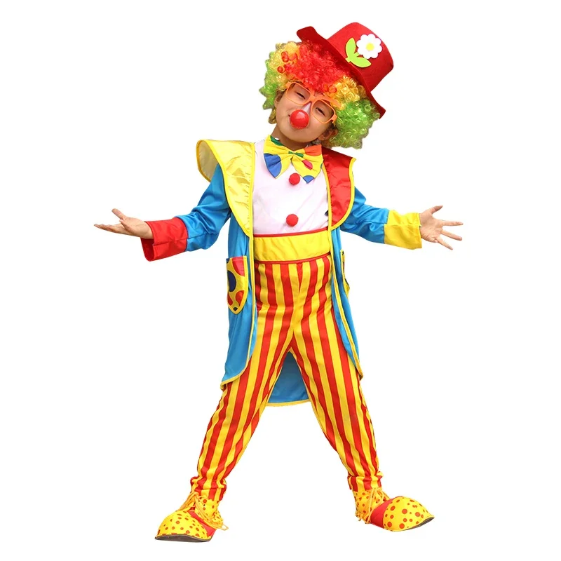 Kids Carnival Clown Circus Cosplay Costumes With Shoes Wig Children Boys Girls Baby Birthday Party Jumpsuit Hat