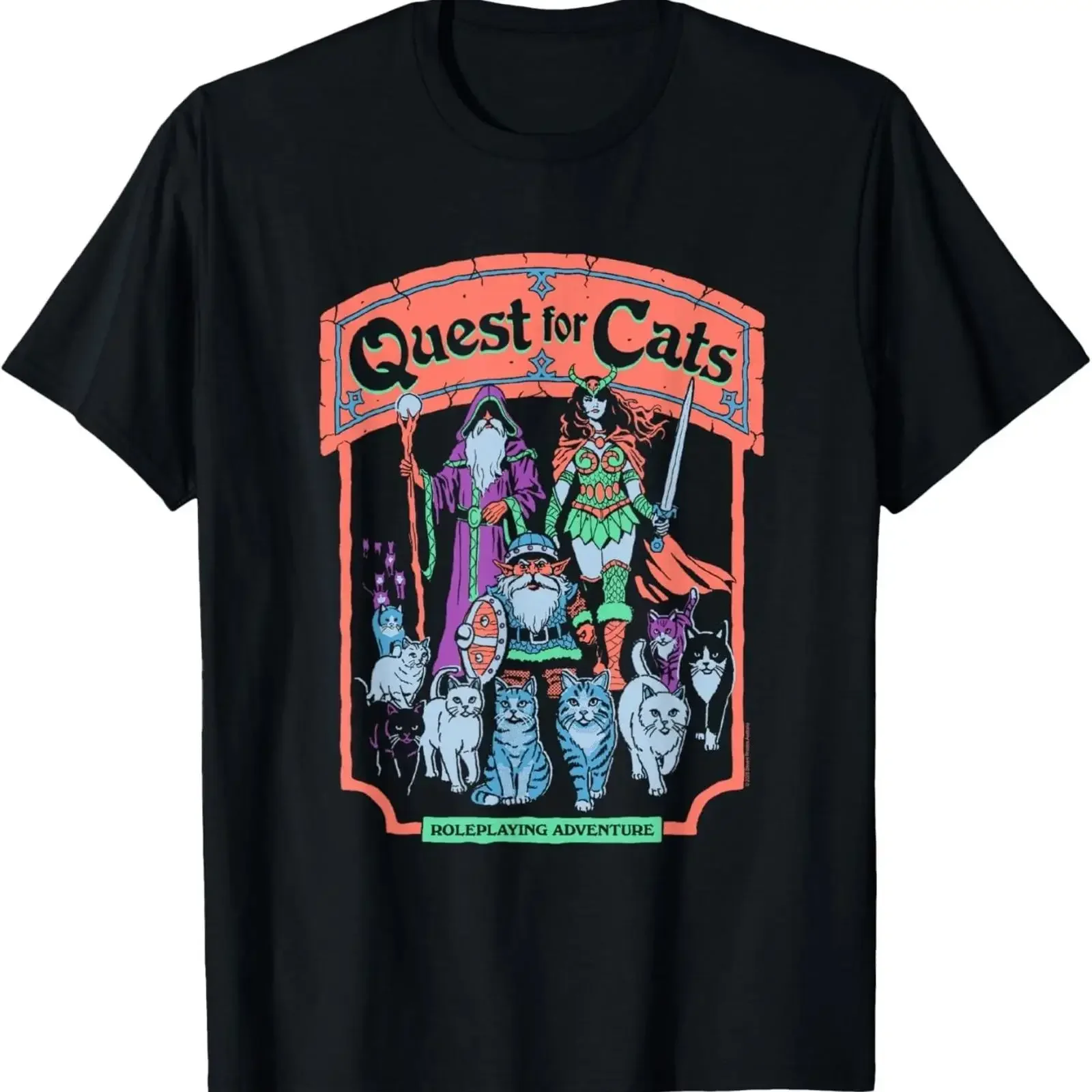 Camiseta Steven Rhodes Quest for Cats RPG Ilustración Humor Oscuro vintage Lavada Unisex Estilo gráfico elegante streetwear para hombre