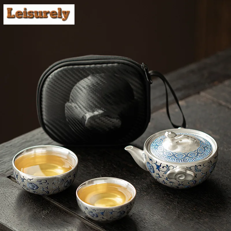 

Позолоченный серебряный дорожный чайный сервиз с лотосом Zen 1, 2 чашки, органайзер для заваривания чая, портативная сумка-тоут для пикника, белый фарфоровый набор
