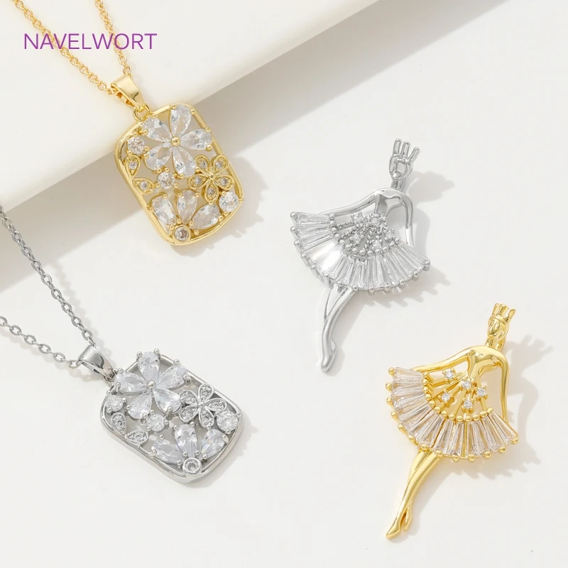 18K Gold Plated Brass Ballet Girl/Rectangular Flowers Charms Pendants For Necklace Jewelry Making DIY Accessories Wholesale