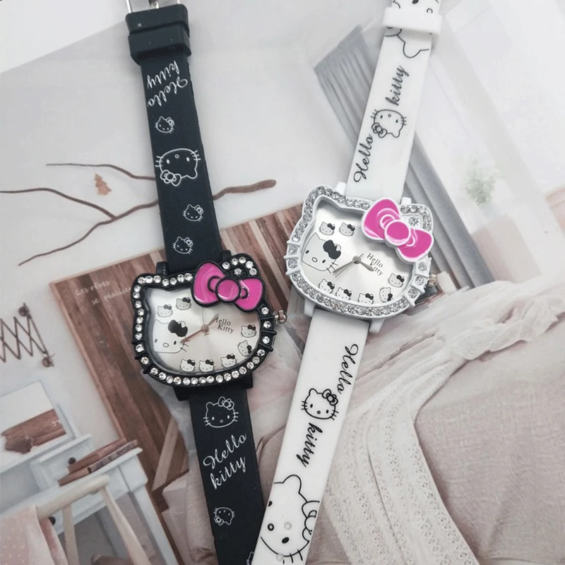 Miniso Anime Cartoon Sanrio Hello Kitty Head Silicone Diamond Quartz Girls Student Watch Children Kids Watch Birthday Gifts