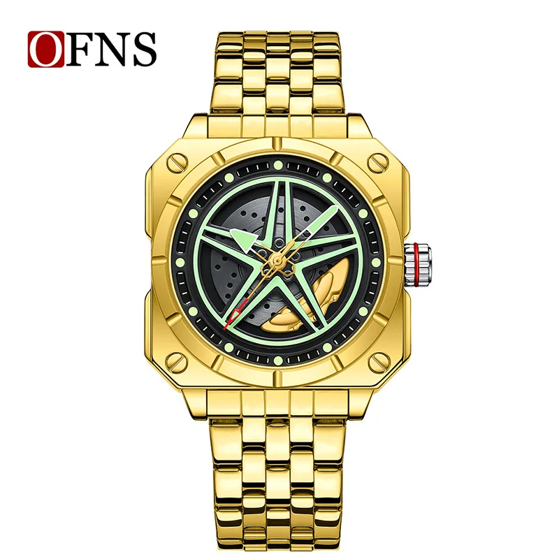 hot-selling square trendy men's five-star three-dimensional rotating dial, steel belt business leisure waterproof quartz watch