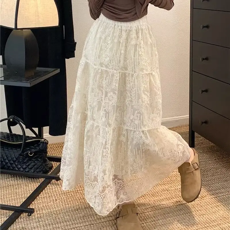 

Lazy wind lace embroidery splicing skirt summer 2026 new fat mm high waist thin medium and long skirt