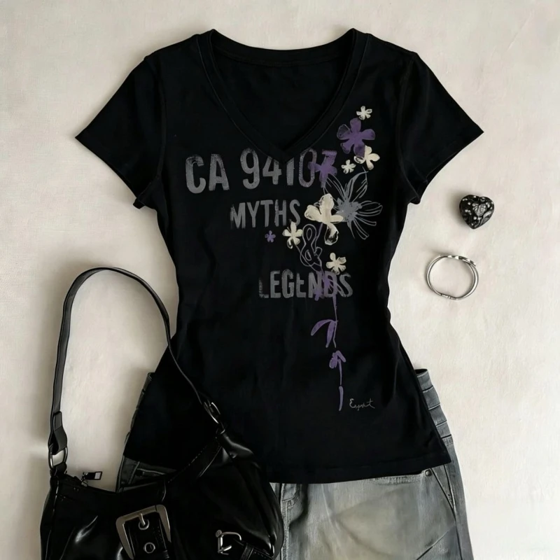 

Vintage Letter Flower Printing Summer T-shirt Y2k Aesthetic Grunge Slim Fit Streetwear Tshirts Harajuku Women Punk Casual Tops
