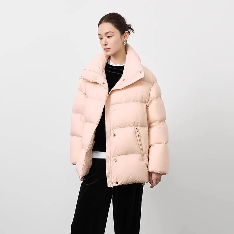 90White goose Down 2025 Winter New Minimalist Loose Thick Stand collar Bread Puff cloud Down Coat Female Warm Casual Overcoat