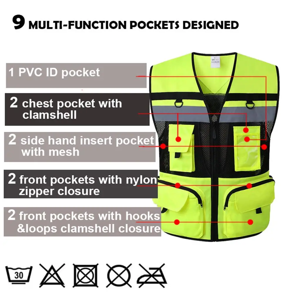 Safety Vest Custom LOGO Reflective Vest With Tool Pockets Breathable Work Gilet Hi Vis Vest Mesh Reflective Workwear