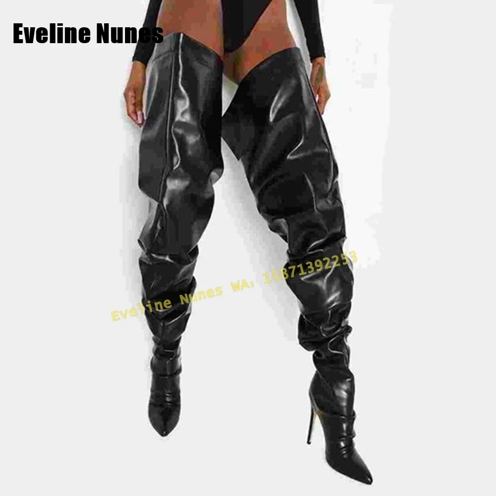 Black Sexy Pleated Over The Knee Boots Pointed Toe Thin Heels Pull On Solid Spicy Girl Sleeve Boots Plus Size 2025 Winter Trend