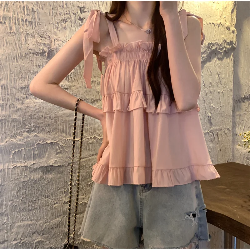

Ruffles Shirts And Blouses Korea Style Solid Fashion Woman Blouse 2024 Spaghetti Strap Top Women Summer Slash Neck Clothes New