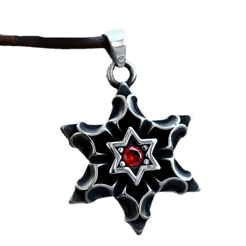 Punk Style Retro Men's Pendant Stainless Steel Six Pointed Star Gemstone Necklace Chain