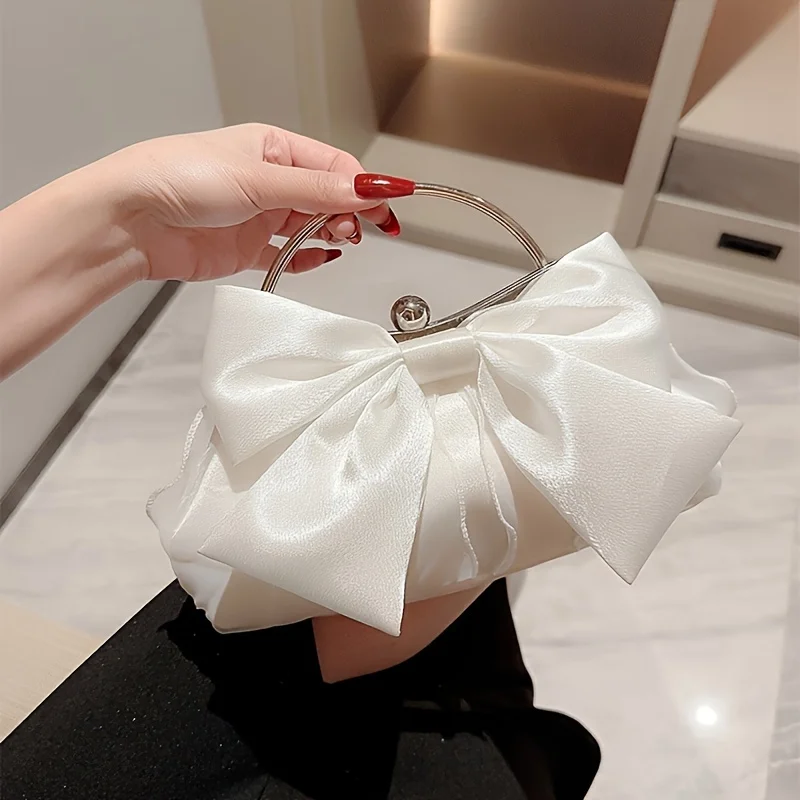 Elegant Satin Bow Clutch Bag for Women Luxury Evening Handbag Metal Handle Party Purse Wedding Guest Shoulder Bag