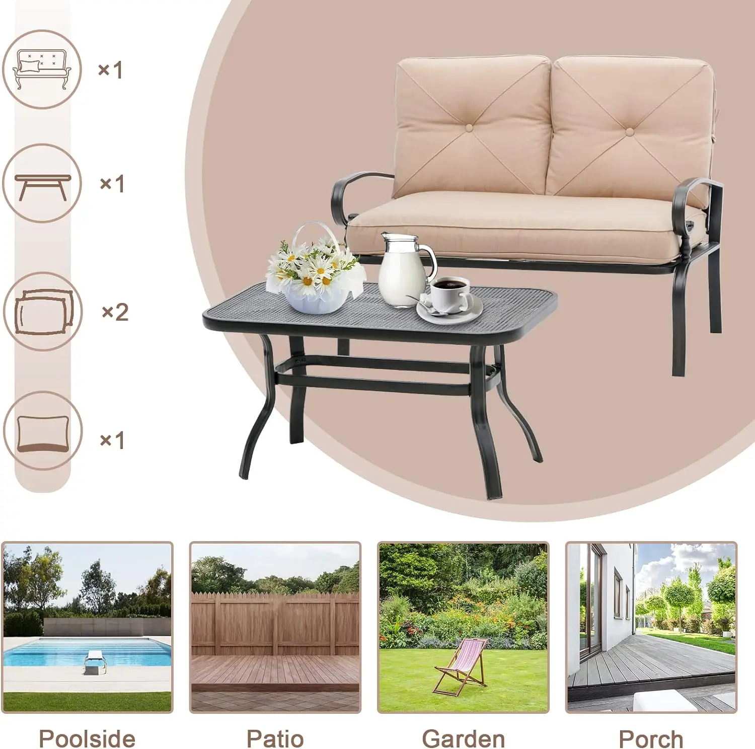 Metal Outdoor Mobiliário Pátio Conjunto com Almofada, Loveseat Coffee Table e Bistro Table, 2 Spring Chair