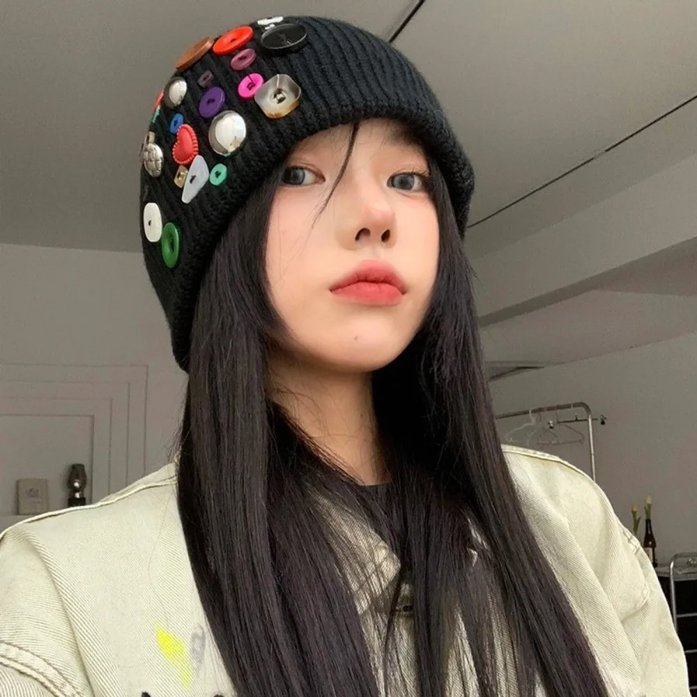 Trendy Colorful Button Beanie Hat Irregular Button-Decorated Cuffed Knitted Hat Warm Protection Elastic Personality Cold Cap
