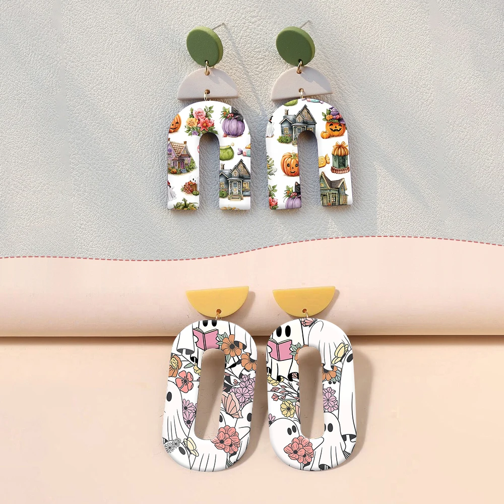 

Halloween Castle Pumpkin Skeleton Tomb Horrible Ghost Soft Ceramic Earrings Water Transfer Paper Sticker For Jewelry Making