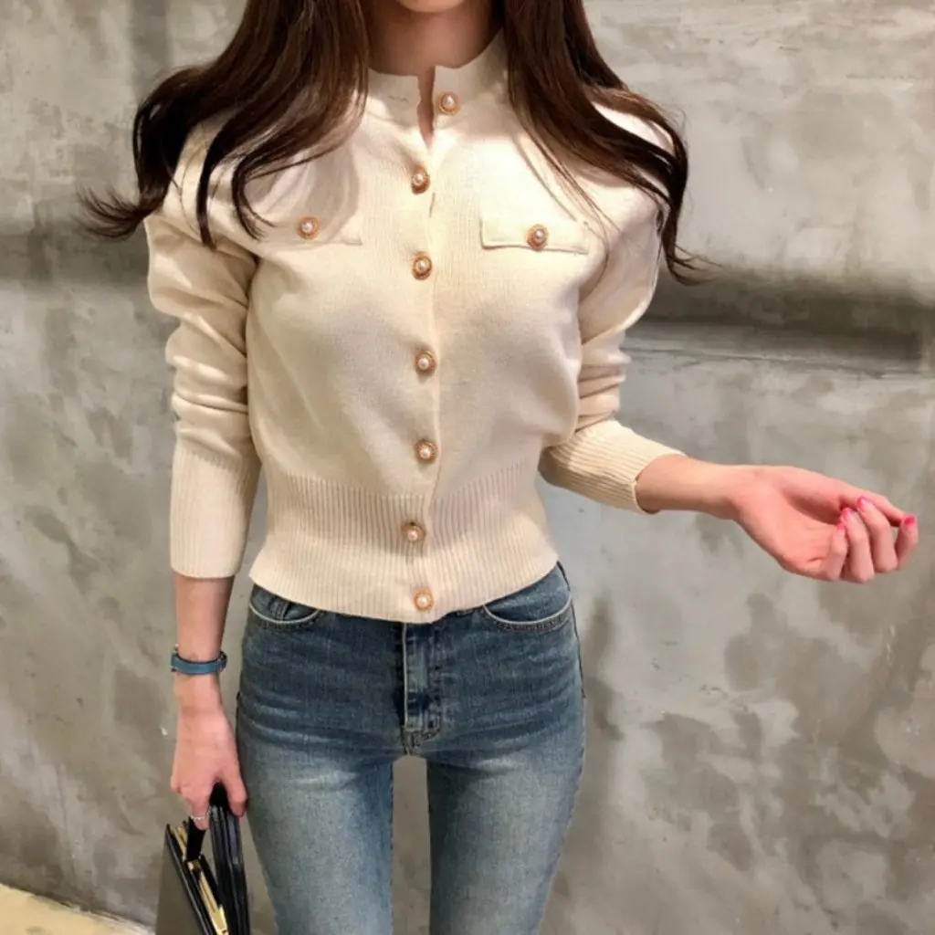 

Autumn Slim Fit Knitted Cardigan for Women Short Thin Long Sleeve Retro Style Bottoming Sweater Small Tops
