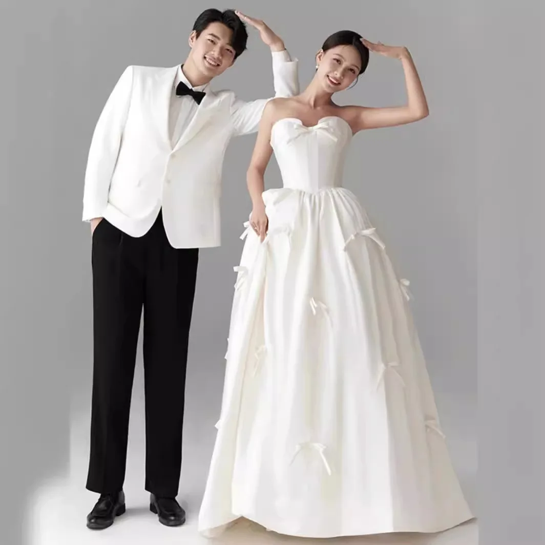 Vestidos de casamento francês para mulheres, noiva até o chão, laço de cetim, vestido branco, fotografia de casamento ao ar livre, novo, 2024