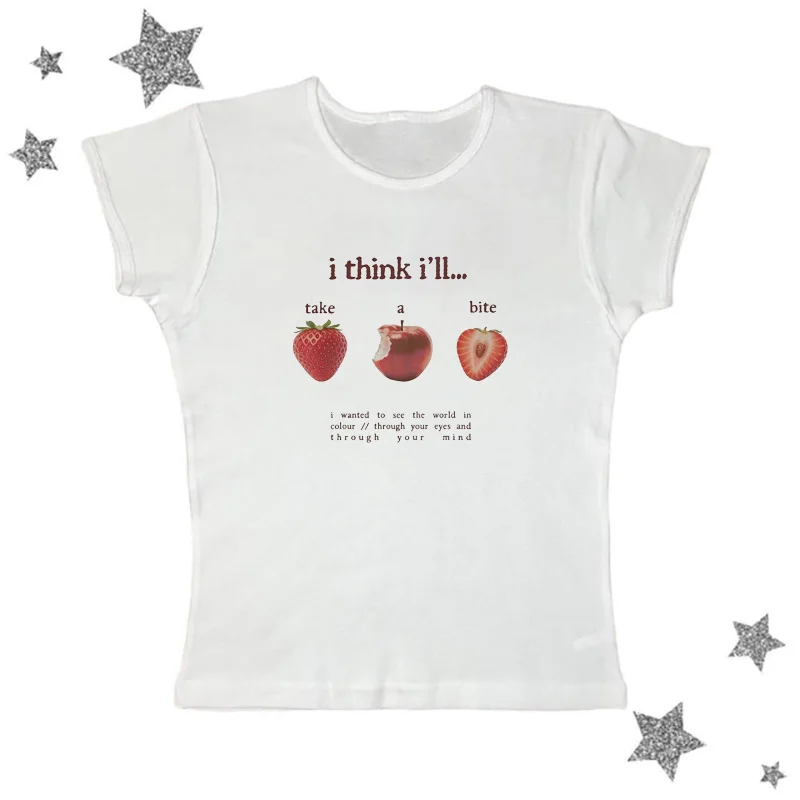 Y2K Clothes Take A Bite Fruit Print T Shirt Women Fashion Short Sleeve Round Collar Clothing Korean T-Shirt Casual Women Clothes
