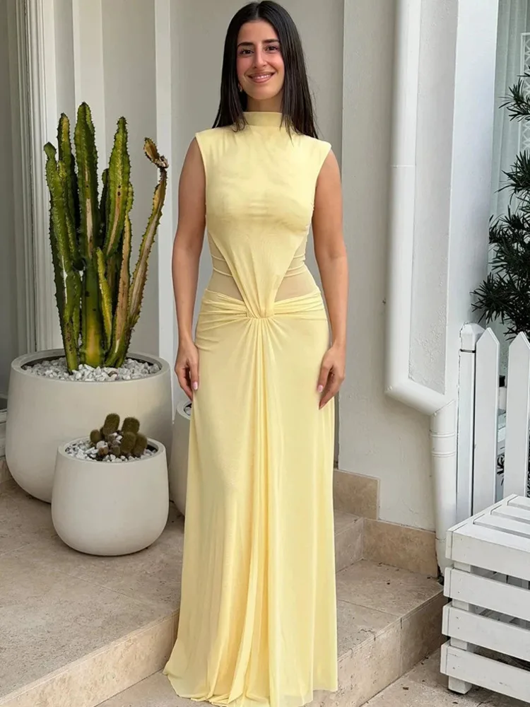 Blifanbo Women Legant Round Neck Sexy Maxi Dress See Through Double-layer Sleeveless High Waist Autumn Club Party Long Dress