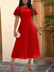 Elegant Women Dress Spring Summer New Fashion Ruffle Edge Short Sleeve Pleated Dress Party Vestido Midi Robe Femme Sexy Clothes