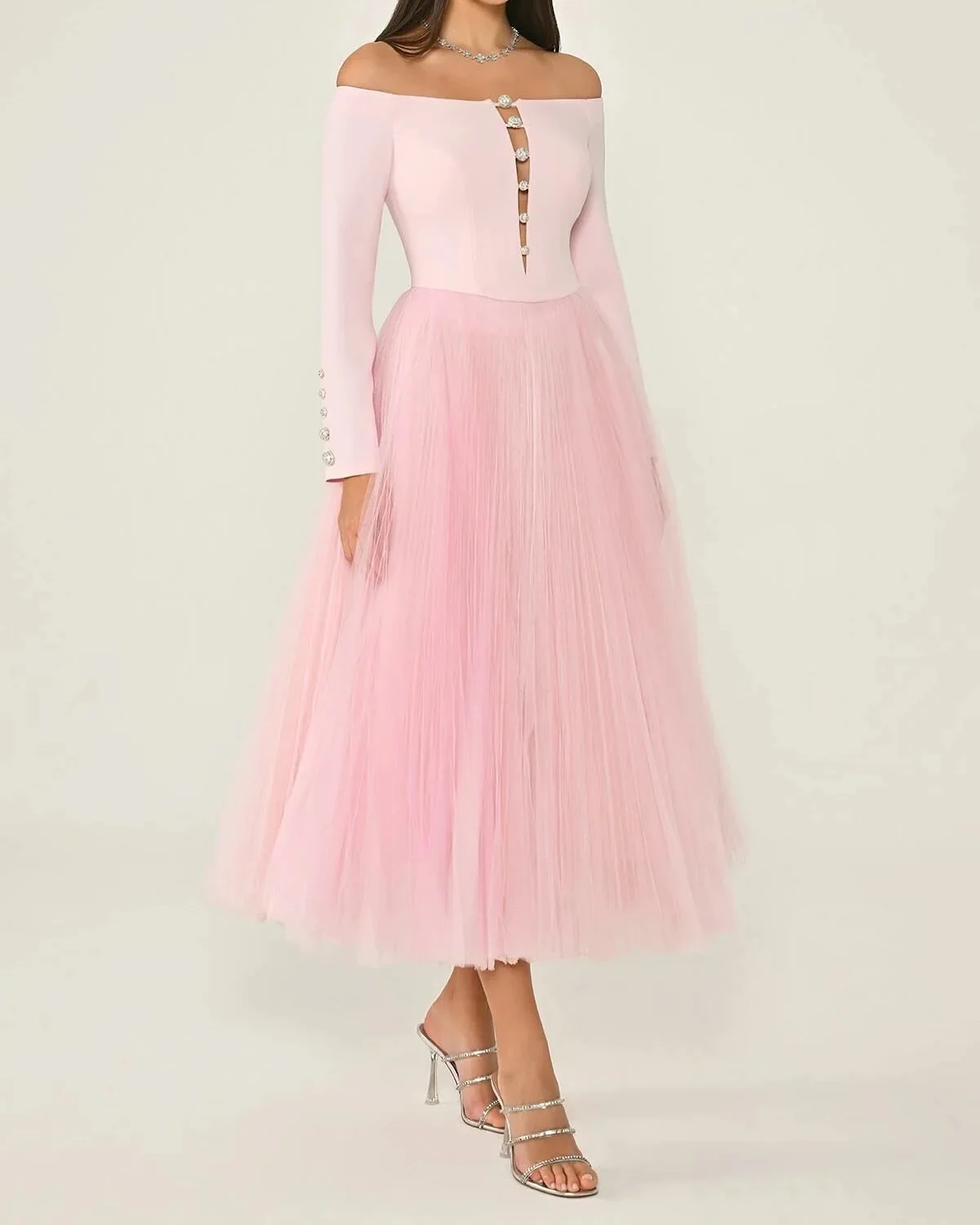 تخصيص مثير الأورجانزا ألف خط قبالة الكتف أزرار مساء اللباس جودة عالية طويلة الأكمام قارب الرقبة فساتين المشاهير