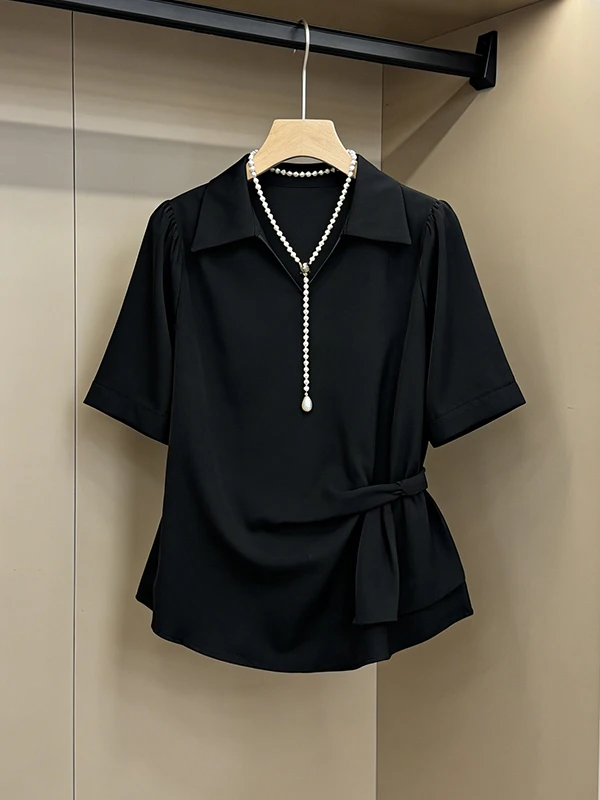 

plus Size Black V-Neck Short Sleeve Shirt Women's Loose Fitting Waist-Cinching Slimming Versatile Top Korean Style Commute