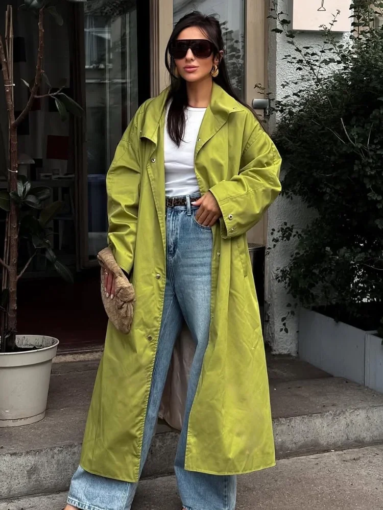 

Female Chic Green Lapel full Coats Full Sleeve Single Breasted Lapel Solid Windbreaker Lady Fashion Daily Commute Long Jackets