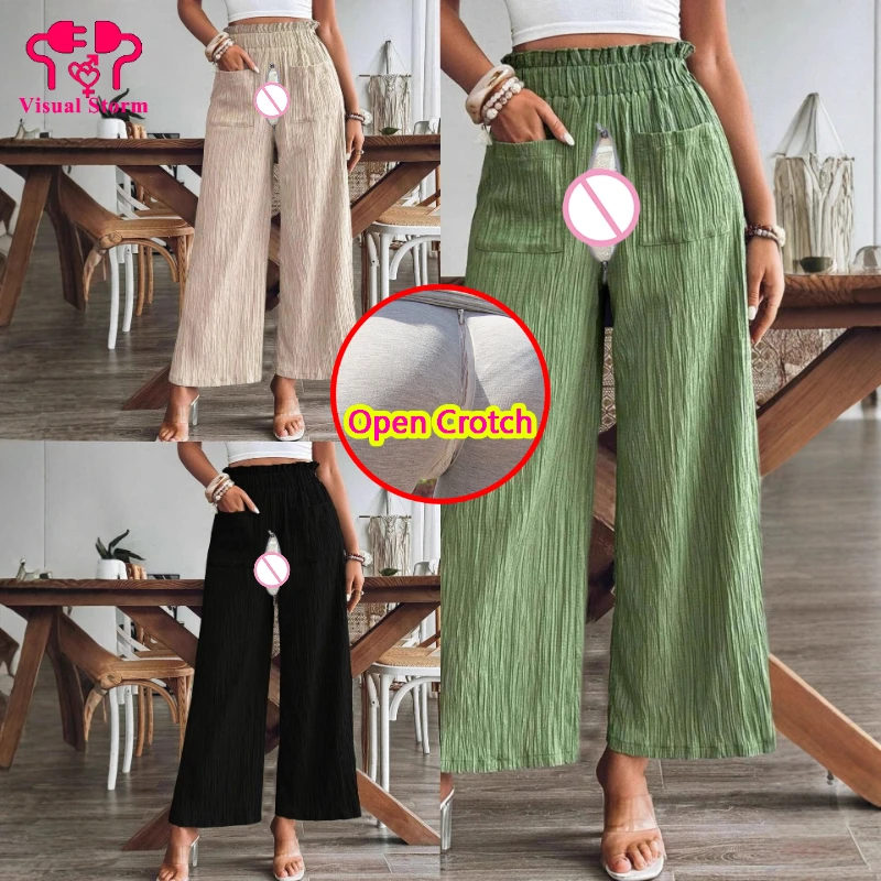 Women Open Crotch Pants Elastic Waist Wide Leg Zipper Color Panties Couple Outdoor Sex Pocket Casual Comfort Crotchelss Trousers