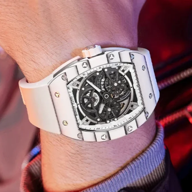 BONEST GATTI Men Automatic Watch 51mm Tonneau Carbon Fiber Mechanical Wristwatch Sapphire Luminous Skeleton 24 Hours Dial