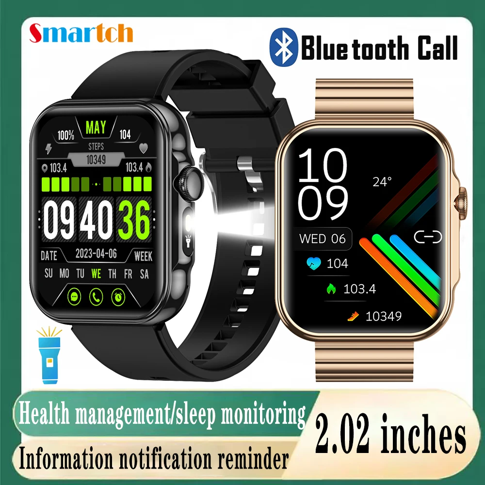 

2,02-дюймовый HD-экран, водонепроницаемый Smartwath для мужчин и женщин, светодиодный фонарик, спорт на открытом воздухе, синий зуб, звонок, умные часы, пульс, сон, музыка