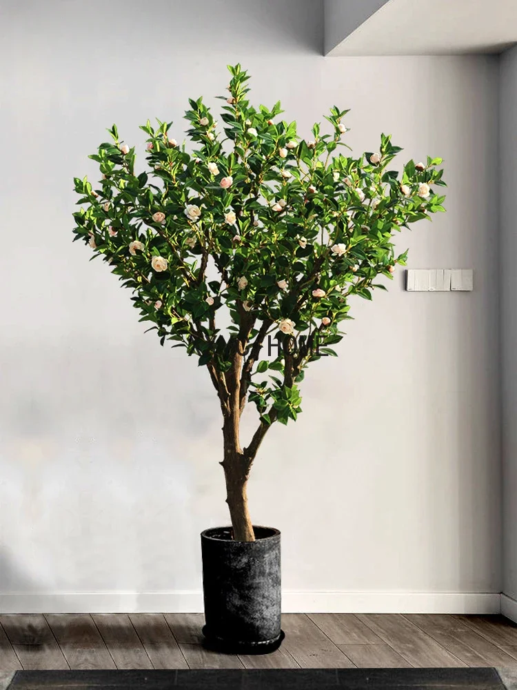 

Artificial Mountain Camellia Wood Floor Imitative Tree Bonsai Home Living Room Ornament Fake Green Plant Decoration