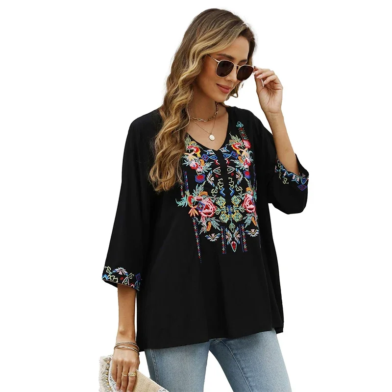 Eaeovni Embroidered Tops for Women 3/4 Sleeve Peasant Blouse Mexican Shirts V Neck Traditional Tunic Casual Tops