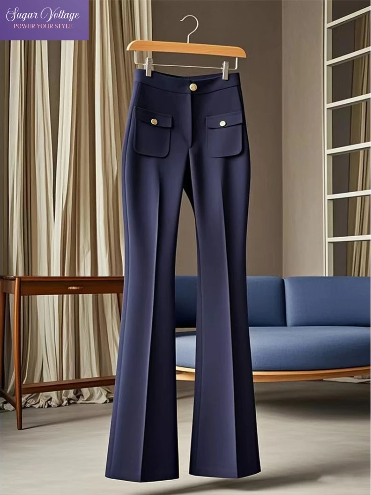

Elegant Office Lady Style High Waist Flared Trousers for Women Blue Slim Fit Straight Leg Pants French Chic Fall Outfit Lookbook