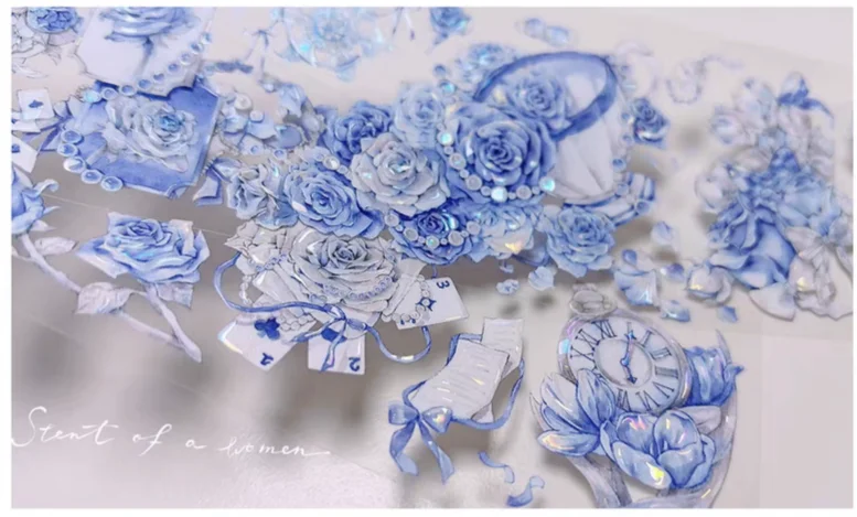 

Blue Rose Clock Shiny Pet Washi Tape - "Lorice" Collage for Planner, Blue-toned, Cell Phone Back Card, DIY Crafting Supplies