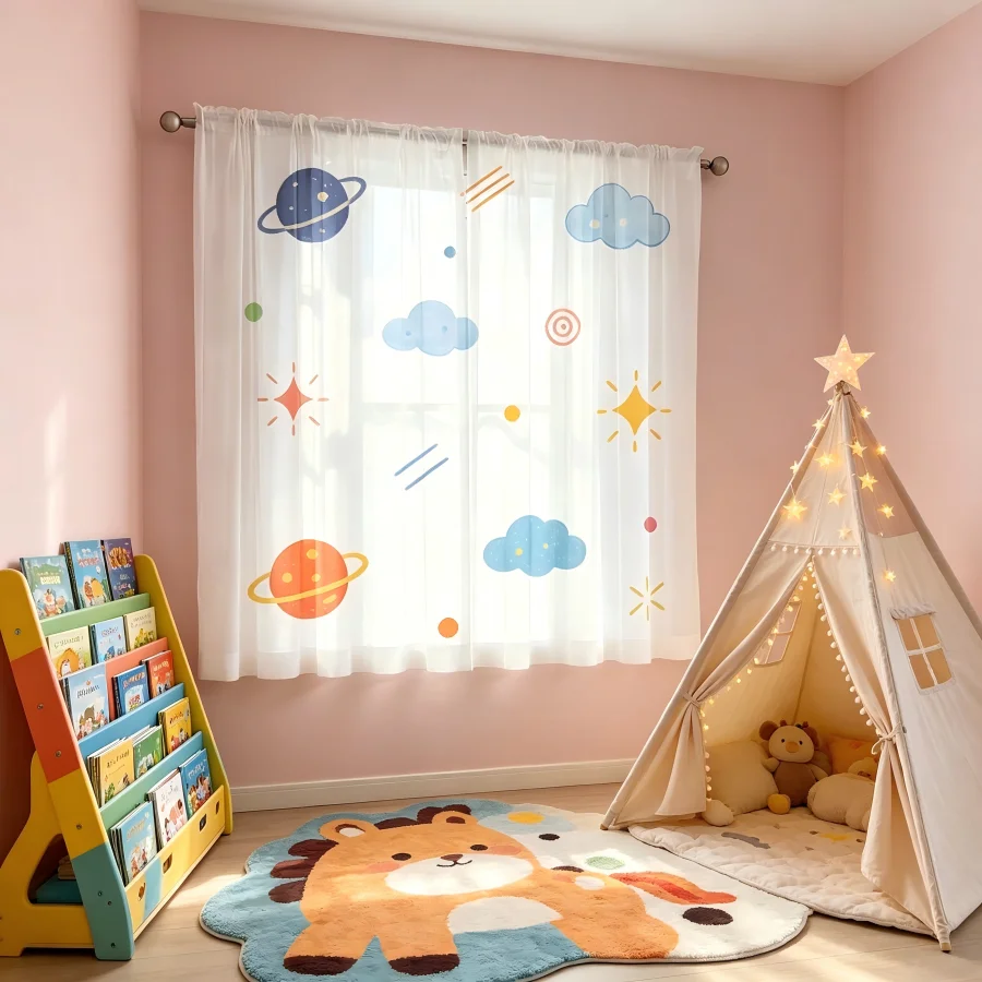 2PCS Digital Print Sheer Curtain, Planet Cloud Space Galaxy Dreamy Cosmic Window Drapes for Living Room Bedroom Home Decor