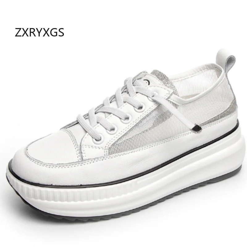 

ZXRYXGS Genuine Leather Mesh Breathable Sneakers White Sandals 2025 New Summer Thick Sole Elevator Casual Sneakers Black Tide