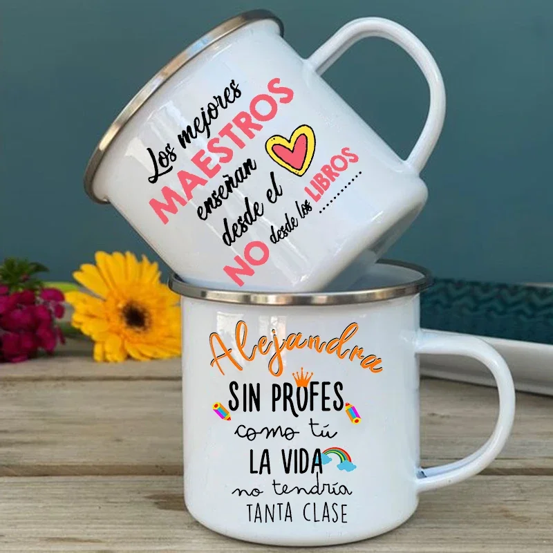 Stampa spagnola tazza caffè tazze da tè bevande tazza d\'acqua insegnante vita tazze smaltate scuola casa maniglia bicchieri migliori regali per