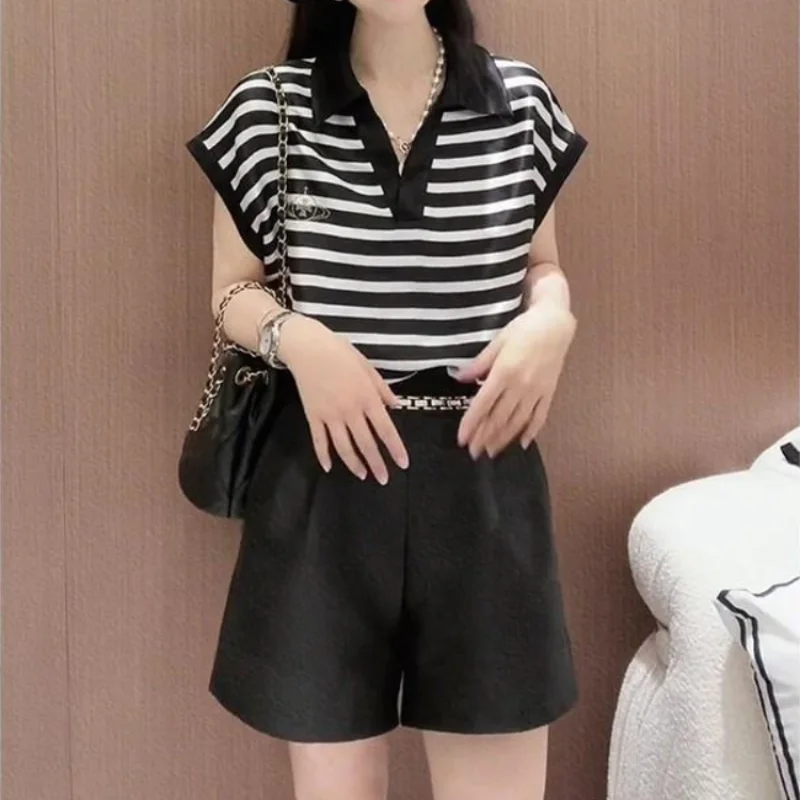 Short Sets For Women 2 Pieces Stripes Light Woman Shorts Two-piece Trends Korean Style Promotion Cheap Offers New Products Kit