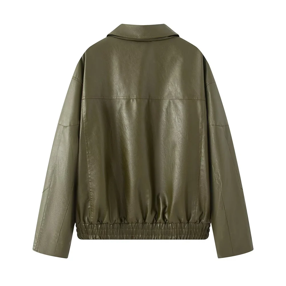 Damenbekleidung im europäischen und amerikanischen Stil, neue Mode, vielseitige, einfarbige, langärmelige, lockere Lederjacke mit Revers