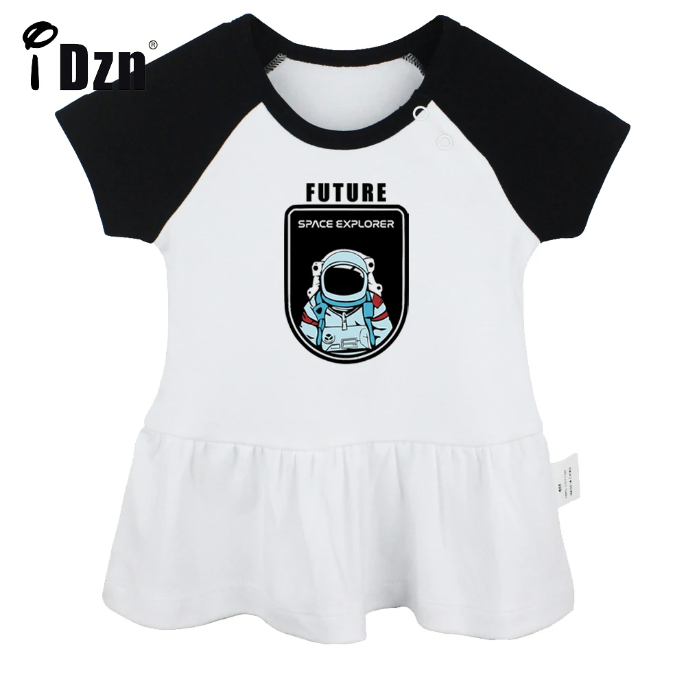 iDzn Summer NEW Future Planet Space Explorer Baby Girls Cute Short Sleeve Dress Infant Funny Pleated Dress Soft Cotton Dresses