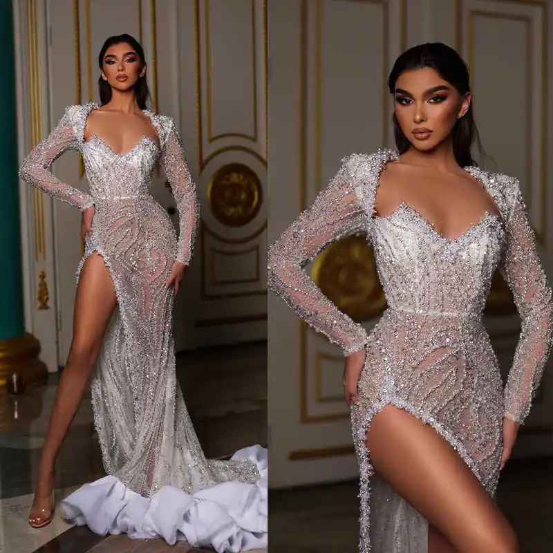

Sexy High Slit Sequins Prom Gowns Sweep Train Long Sleeve Evening Dresses Pearls Beaded Special Party Customized