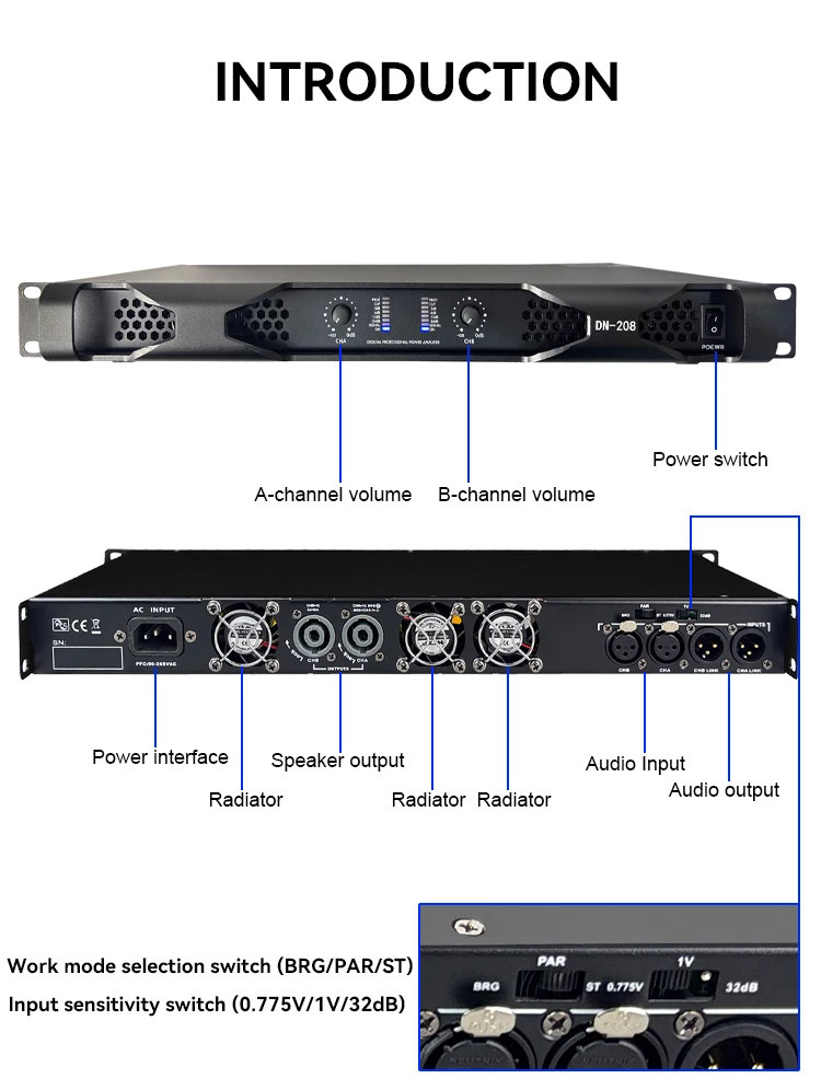 Paulkitson DN208 2-Kanal Professioneller Leistungsverstärker Klasse-D 2Ω 2×1600W Hochleistungsverstärker für Bühnenkonzerte und Live-Lautsprechersysteme – Detail 10