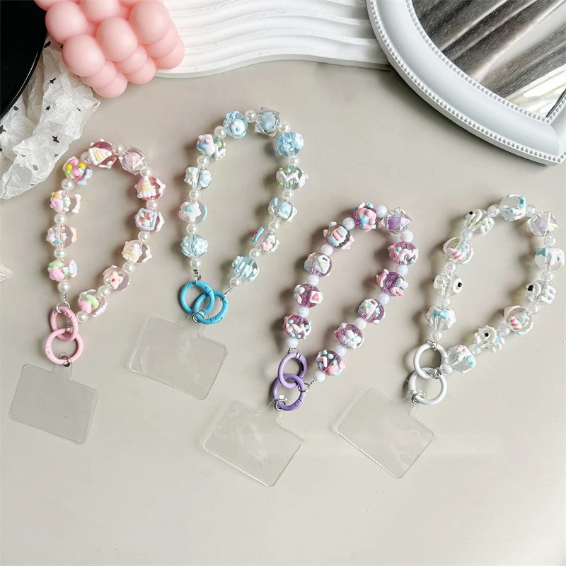 Hand Painted Beads Phone Chain Keychain W/Card Sweet Girl Anti-lost Wrist Strap Bracelet Earphone Case Charm Bag Decor