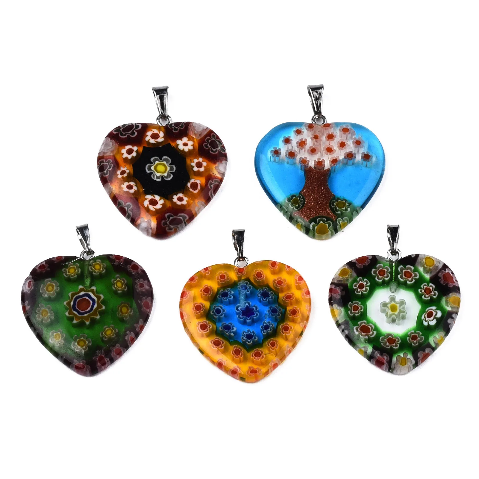 10pcs Heart Cross Shape Handmade Millefiori Lampwork Pendants Flower Patterns For Jewelry Making Craft Necklace DIY Findings