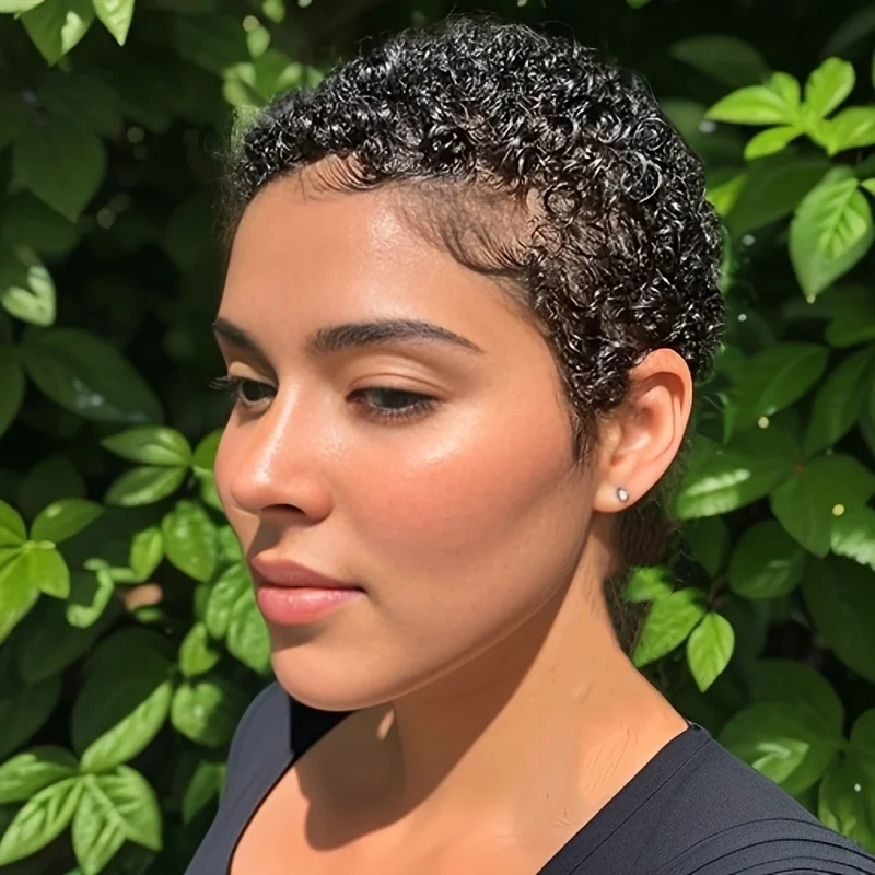 짧은 아프로 킨키 컬리 웨이브 픽시 컷 가발 여성용 인모 전체 기계 제작 가발