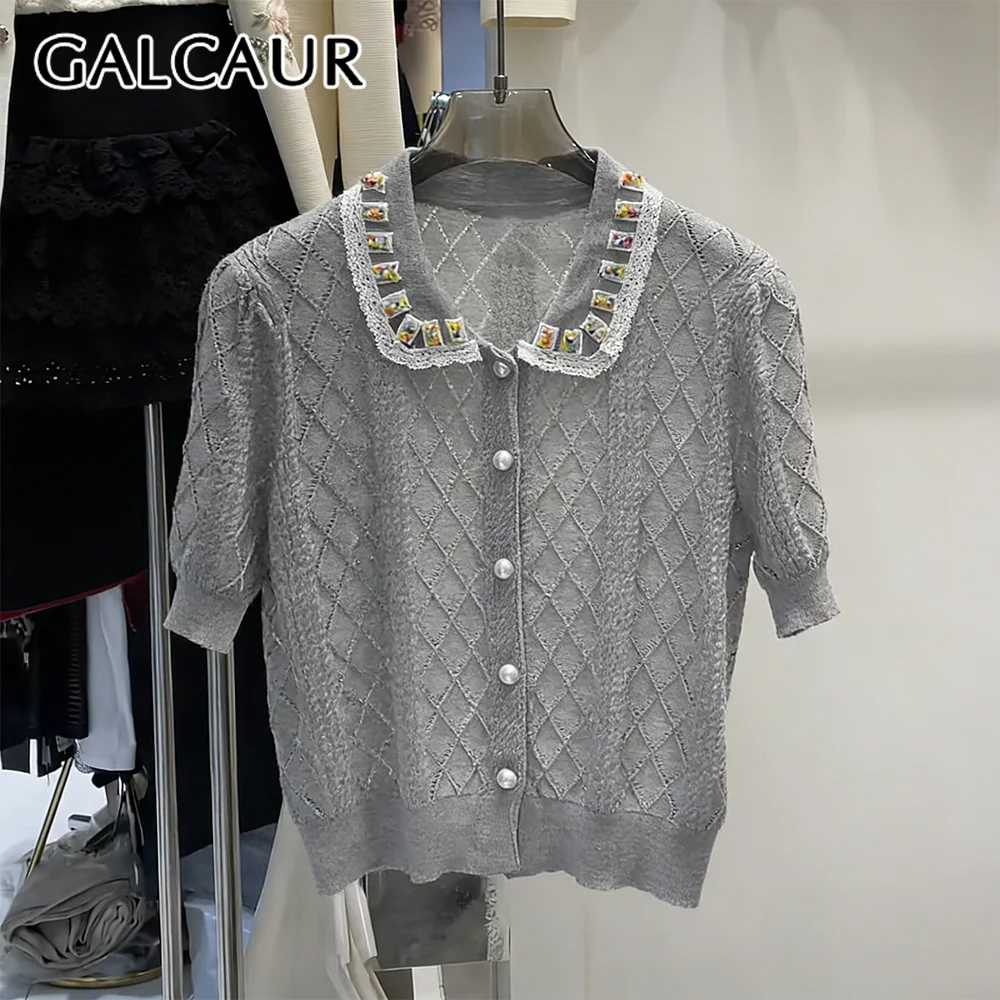 

Женский кардиган GALCAUR с эффектом похудения, на одной пуговице, с отложным воротником, короткими рукавами, в стиле пэчворк, с кружевными вставками, элегантный, новый стиль